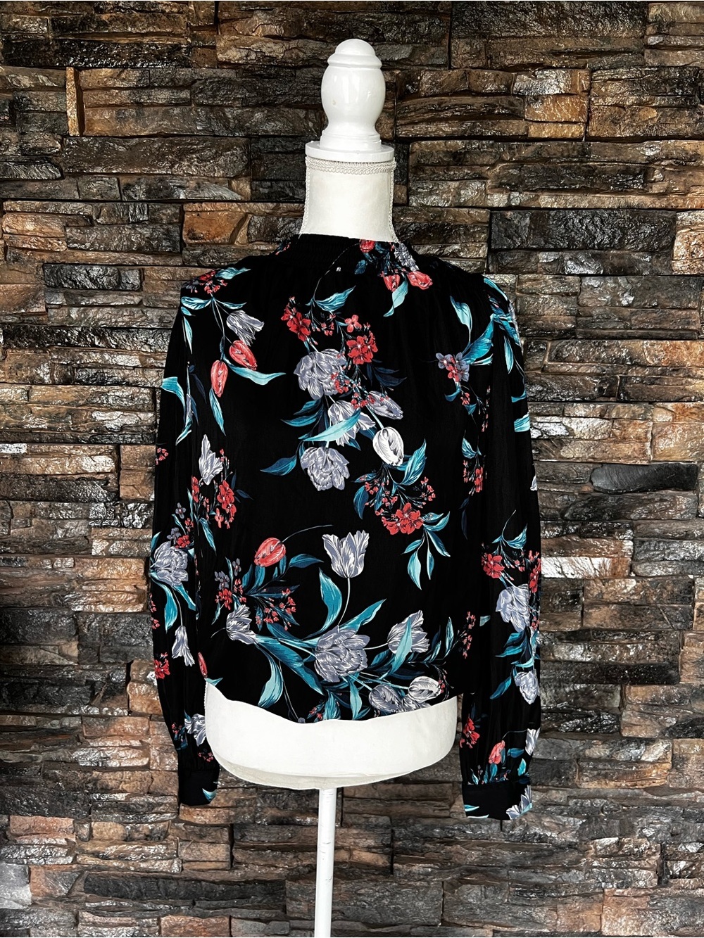 Tinsel Black Floral Blouse with Teal and Coral Accents - Picture 5 of 9